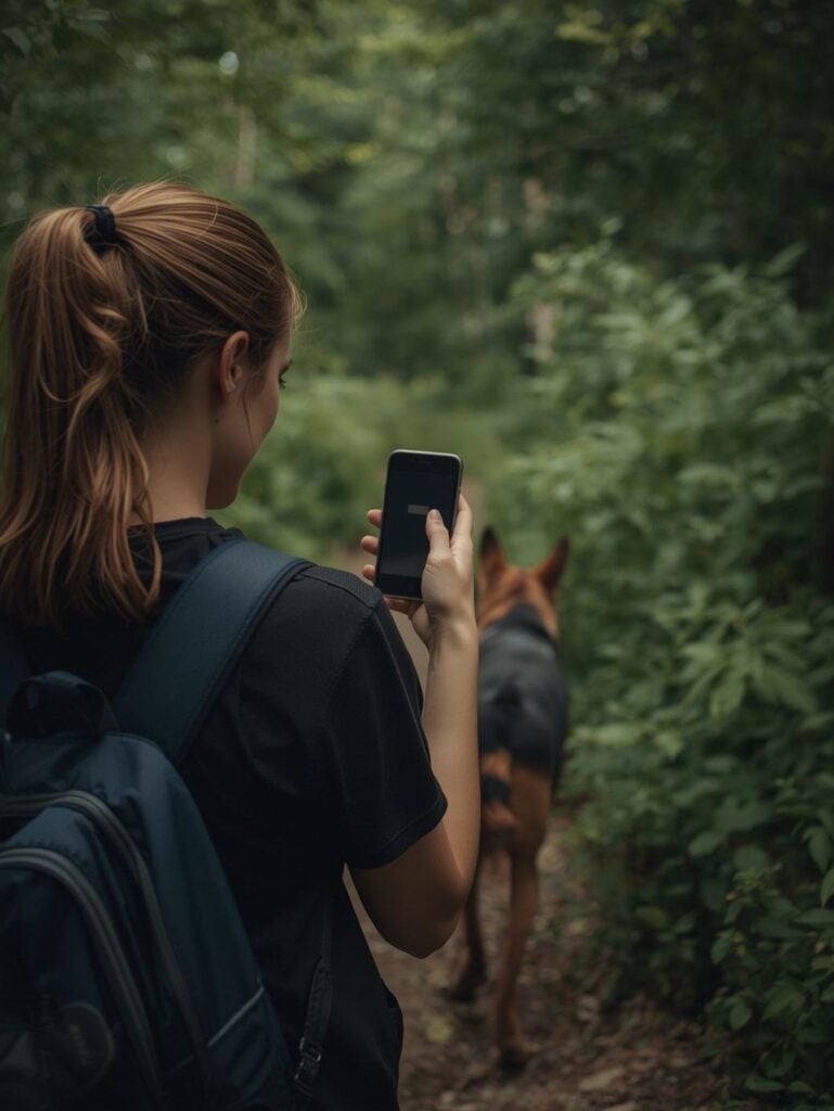woman on wooded trail with dog and no cell service.