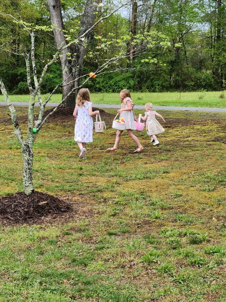 children looking for easter eggs in yard.