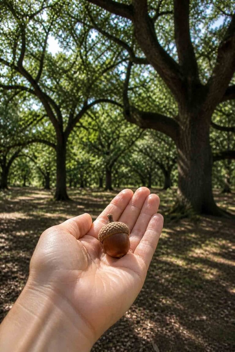 hand holding an acorn showing how small and big oak trees in the forest around it.