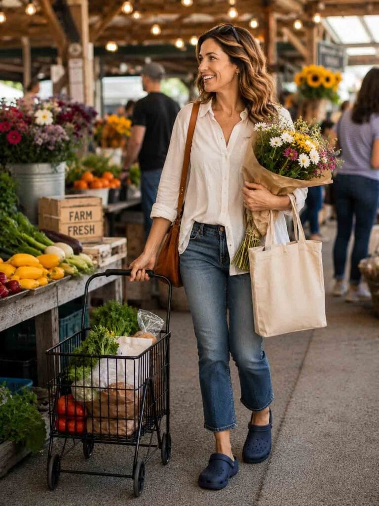 woman wearing croc shoes at the farmers market.