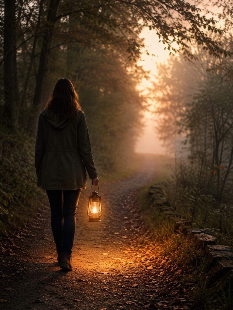 woman walking with a lantern down a foggy path.