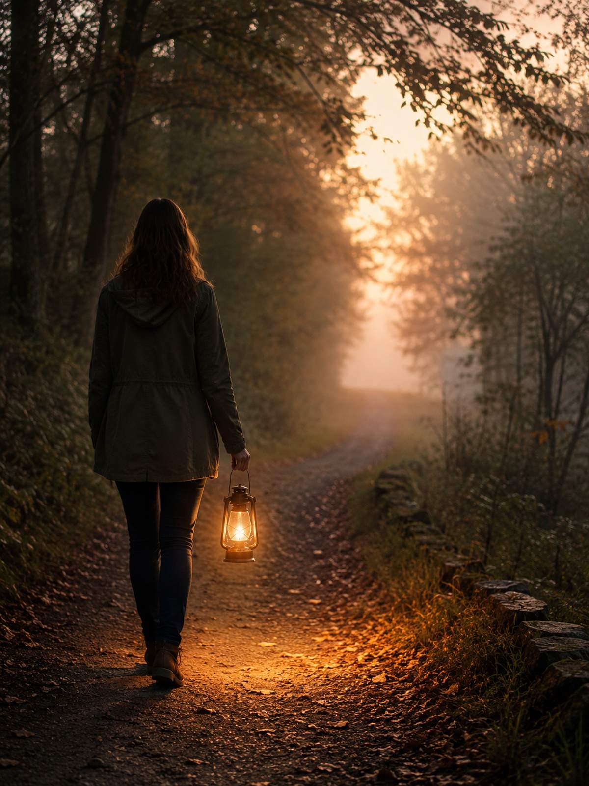 woman walking with a lantern down a foggy path.