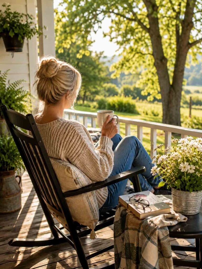 woman relaxing on front porch in the country.