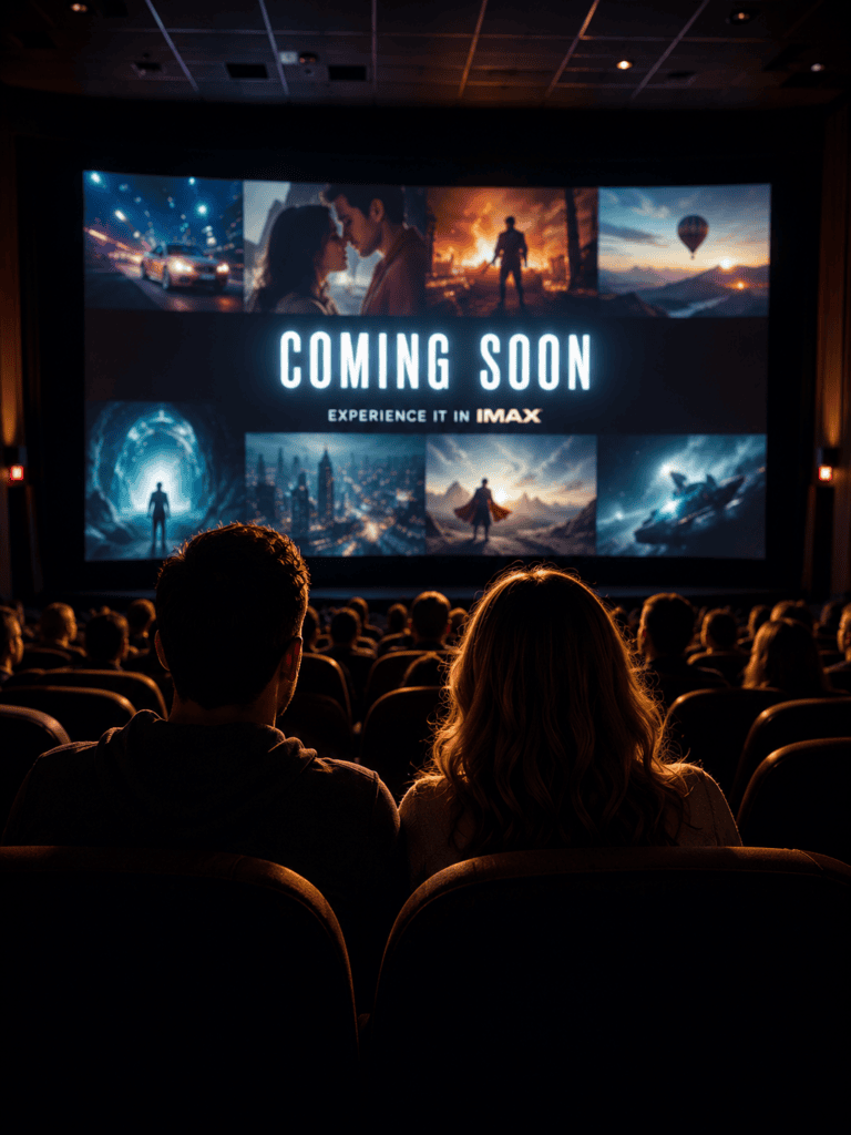 movie theater with movie trailers playing.