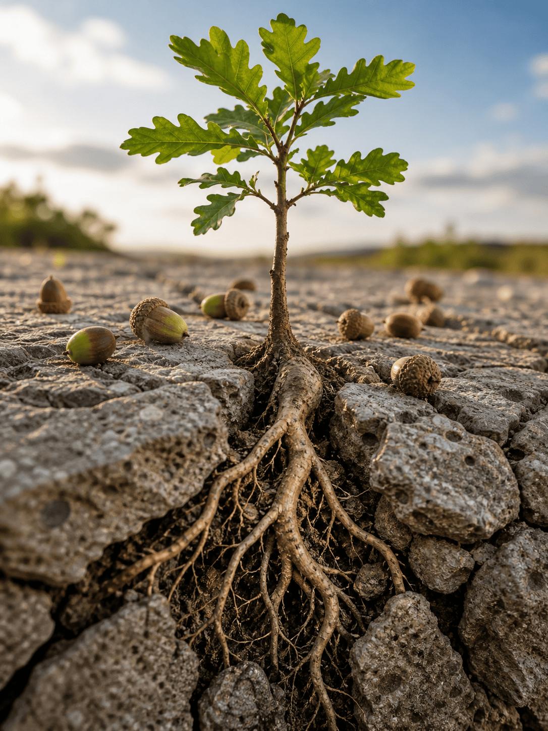acorn roots breaking through rock.