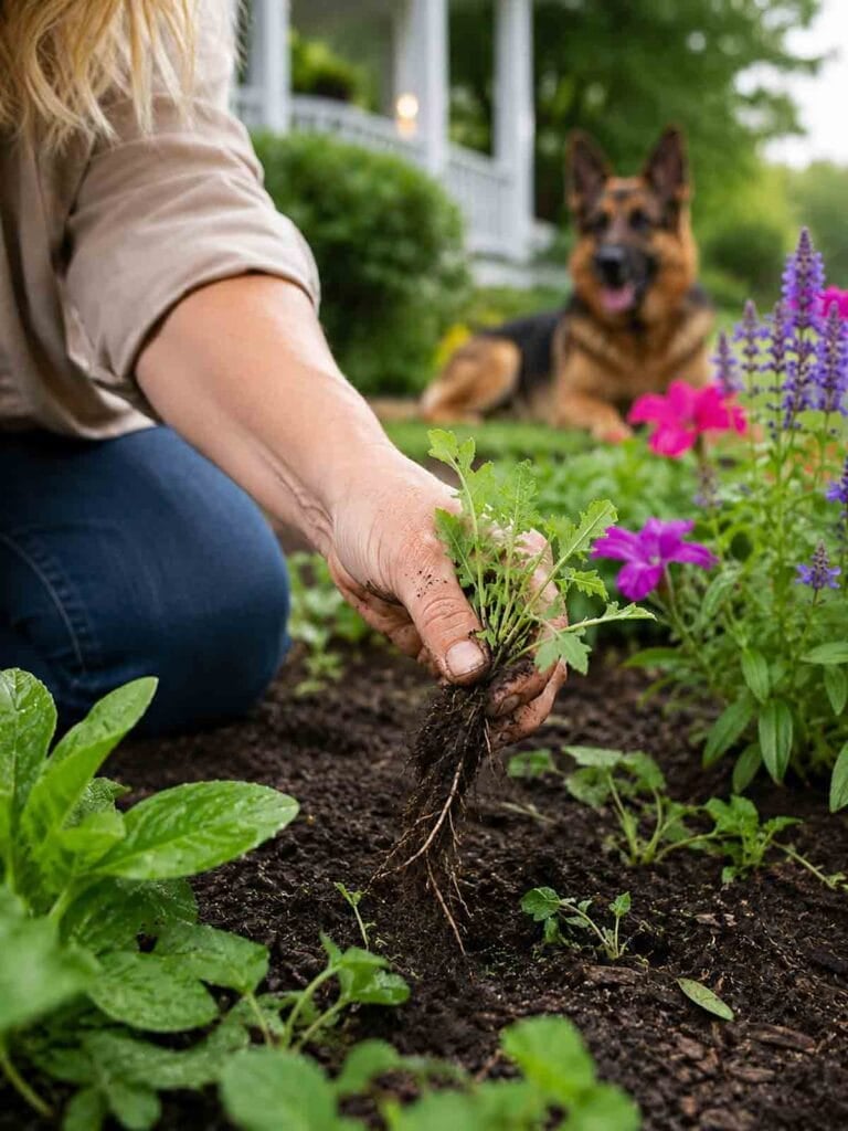 woman pulling weeds from a flower bed. with German shepherd in the background watching.
