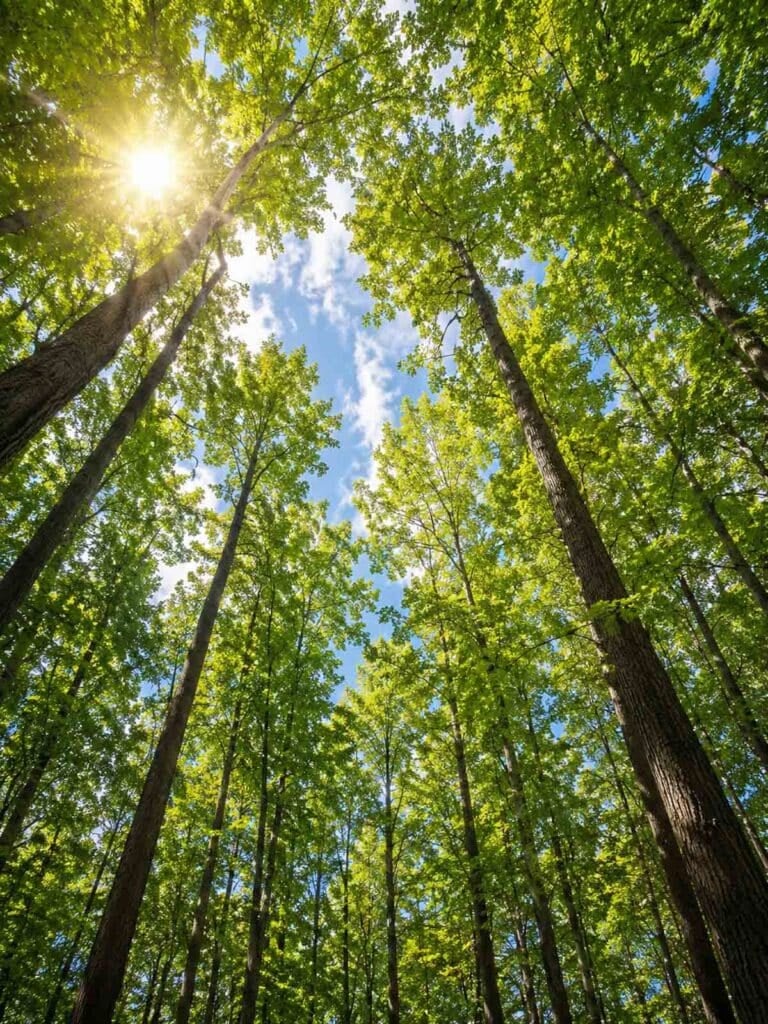 bright blue sky poking through a canopy of trees and leaves.