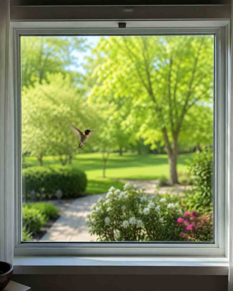 hummingbird peeking in a large picture window.