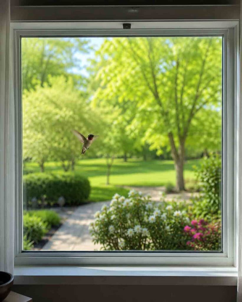 hummingbird peeking in a large picture window.