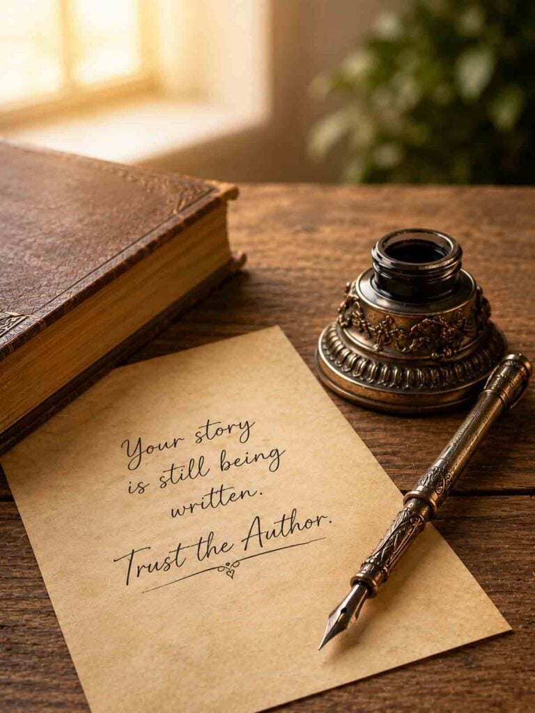 old pen with ink well on a desk beside a note that says, your story is still being written, trust the Author.