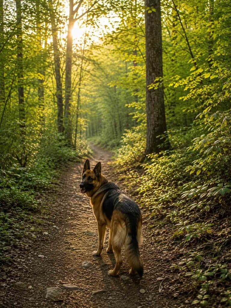 german shepherd walking on trail in the woods.
