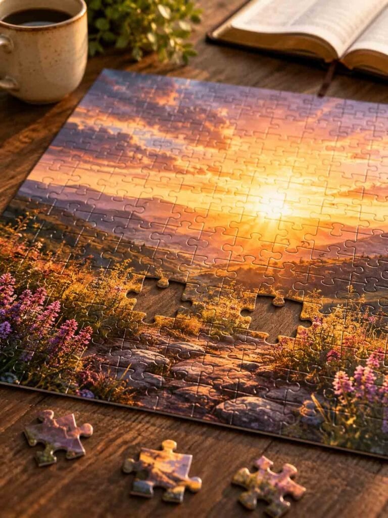 puzzle of sunrise with a few pieces missing.