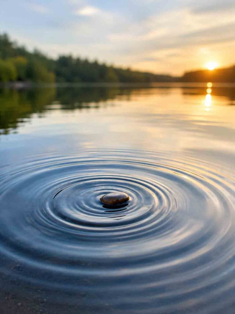 outdoor scene with a stone landing in the water causing the ripple effect.