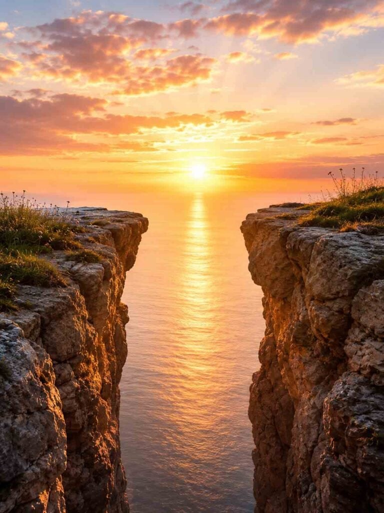 Sunrise shining through a gap between two rocky cliffs, symbolizing hope, faith, and growth during seasons of waiting.