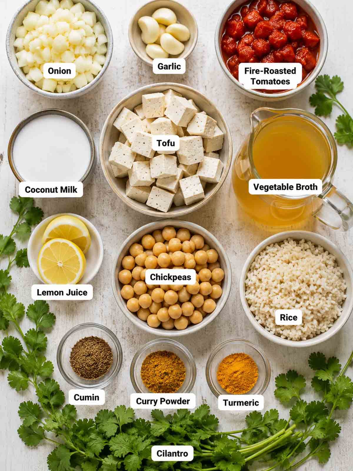 labeled ingredients for tofu curry in dishes.