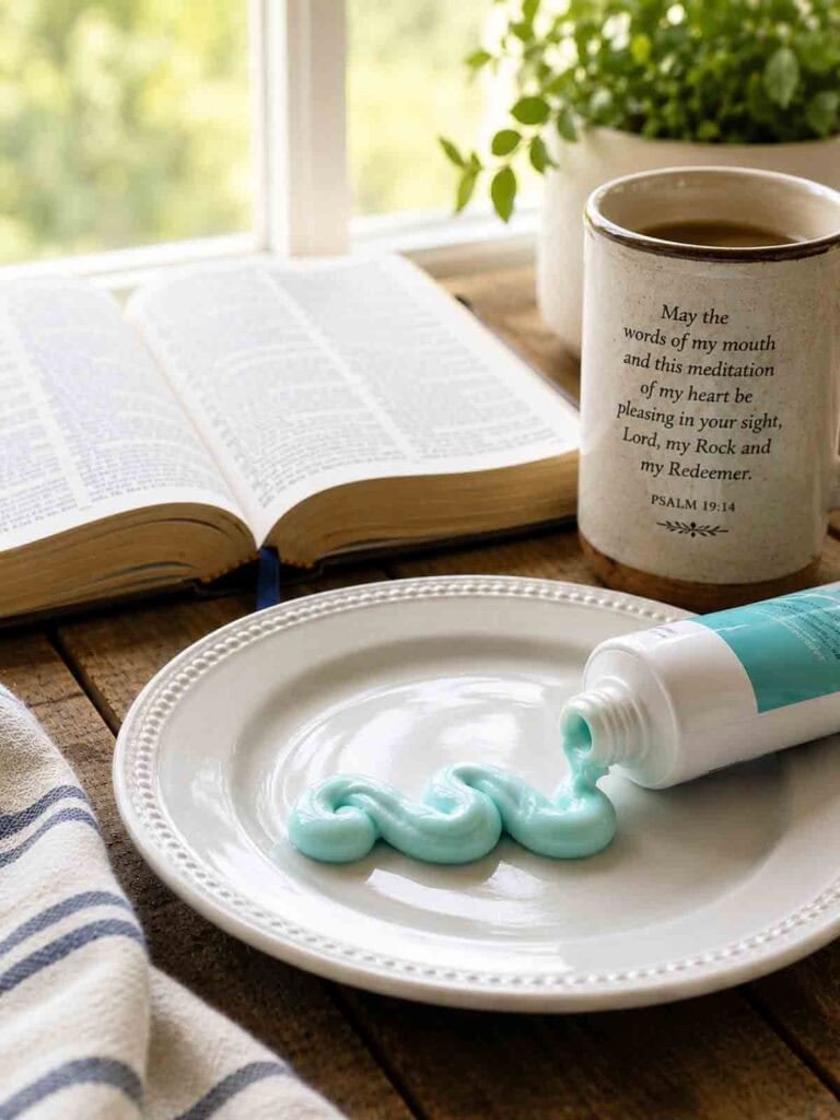 tube of toothpaste that has some paste squeezed out onto a plate.