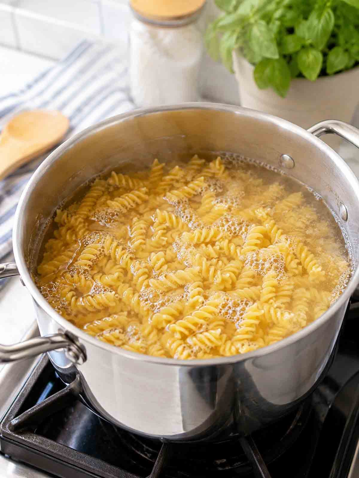 spiral pasta boiling in stainless pot on stove.