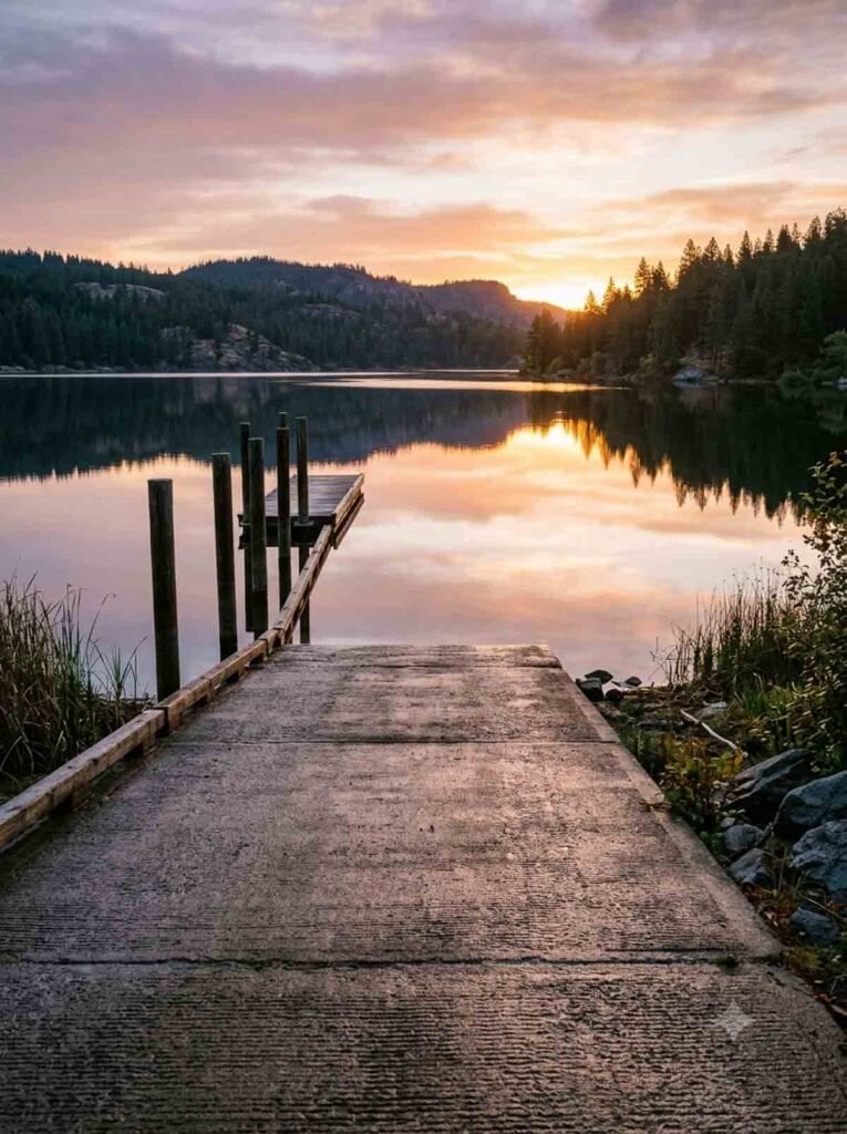 A quiet boat ramp stretching into a still lake at sunrise.