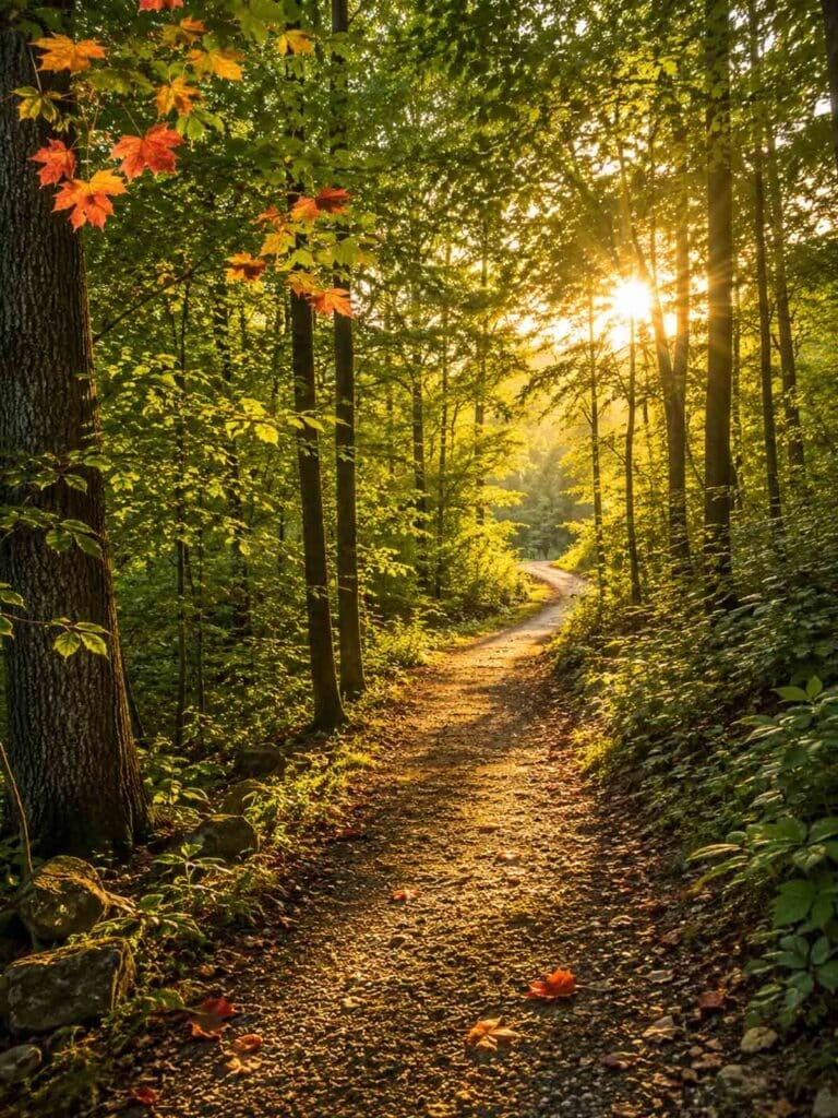 wooded trail through woods with hint of fall coming from a few orange leaves.