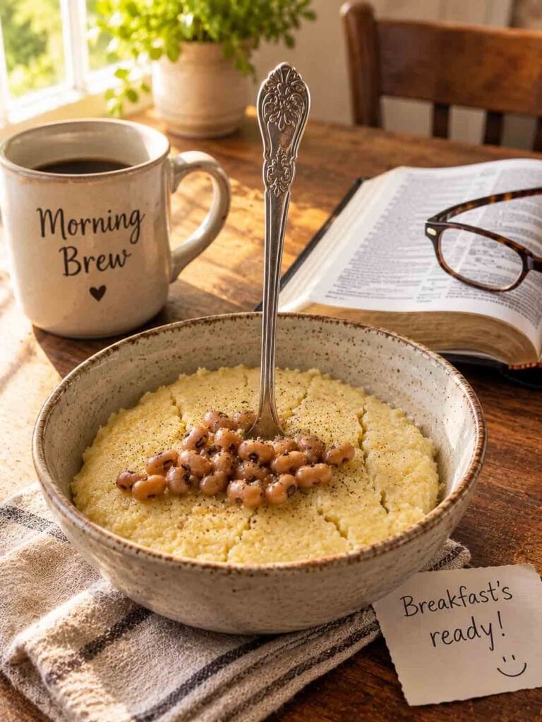 bowl of cold grits with a spoon stuck in the middle.