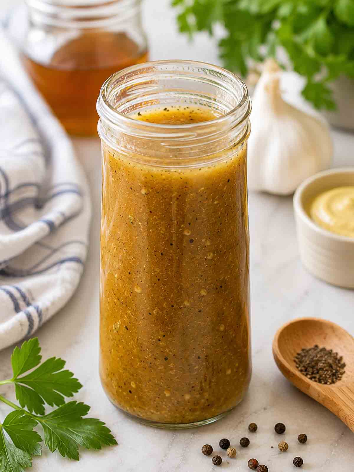 tall clear glass jar filled with vegan maple dijon dressing.