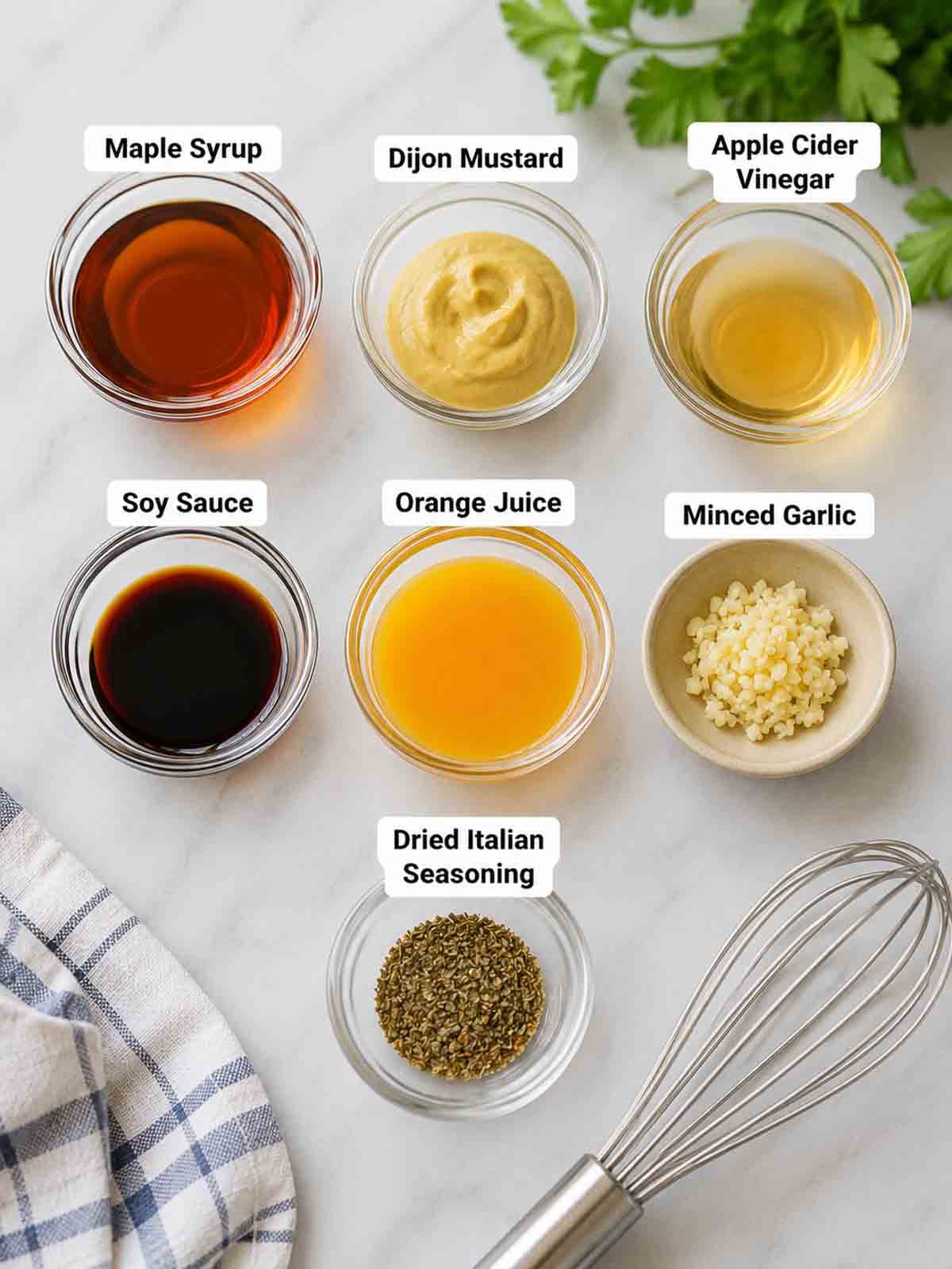 ingredients for healthy maple dijon salad dressing in small bowls and labled.