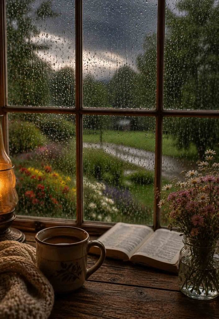 stormy day, looking out a window at the rain and dark clouds.