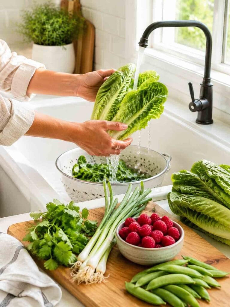 person washing fruits and vegetables in a kitchen sink.