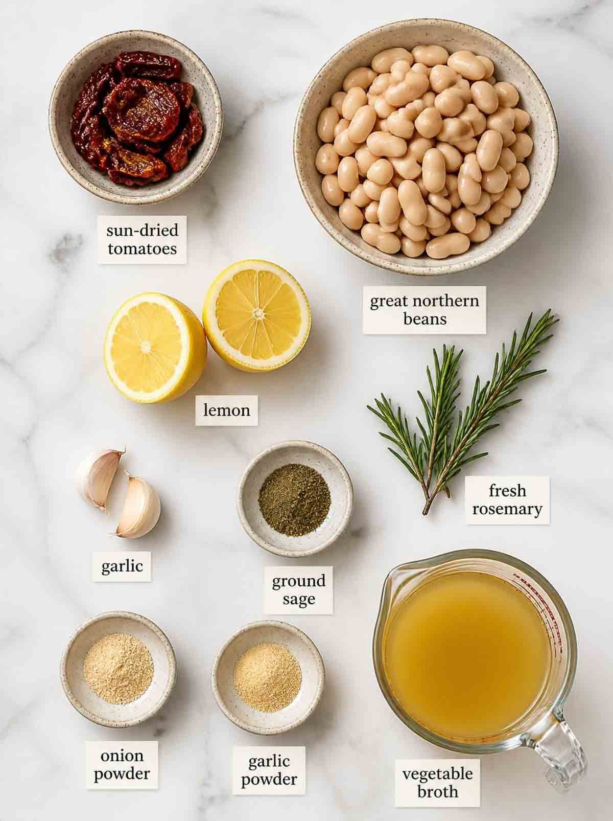 ingredients for white bean dip in bowls and labled.