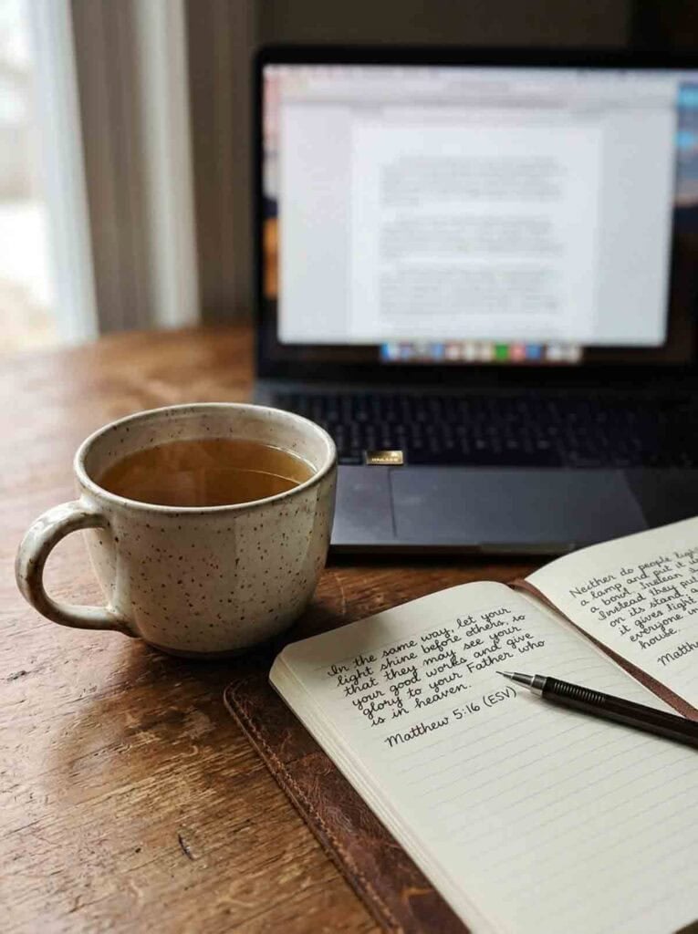 laptop computer screen blurred out with a cup of hot tea on the desk and a note that says to be the light.