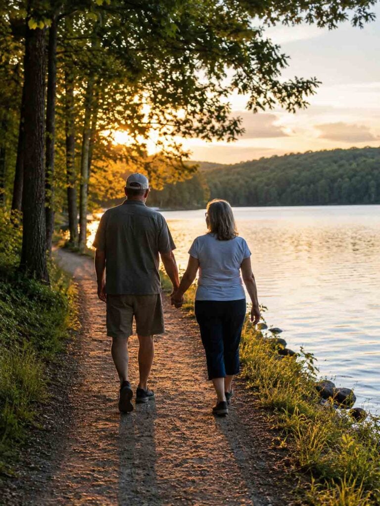 couple walking on a trail around a lake.