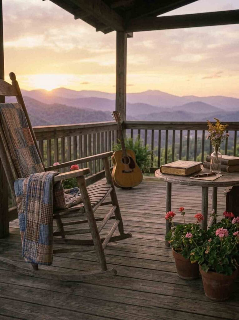 Appalachian mountain setting, old porch, rocking chair, quilt, guitar, worn Bible, and sunset.