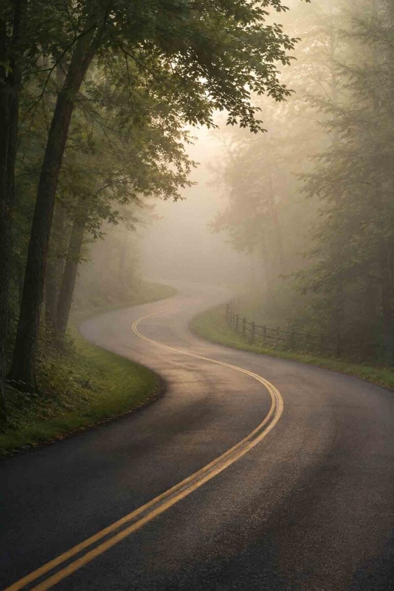 foggy winding road.