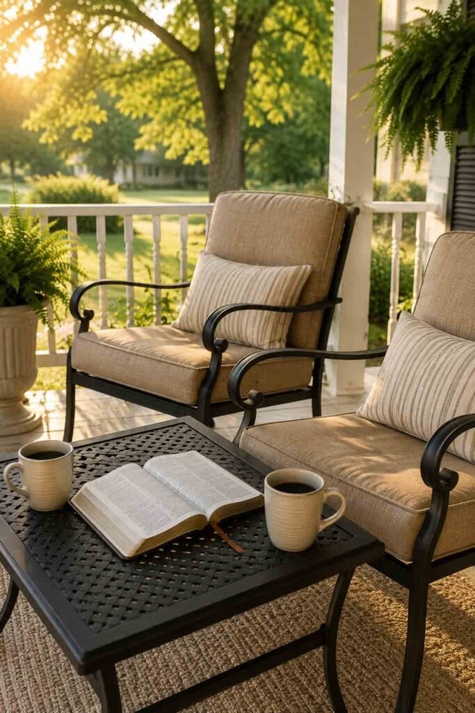 morning scene on front porch with two chairs.