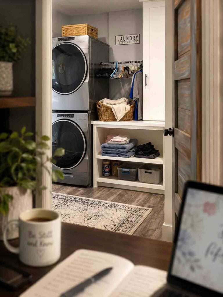 laundry room with a stacked washer and dryer.