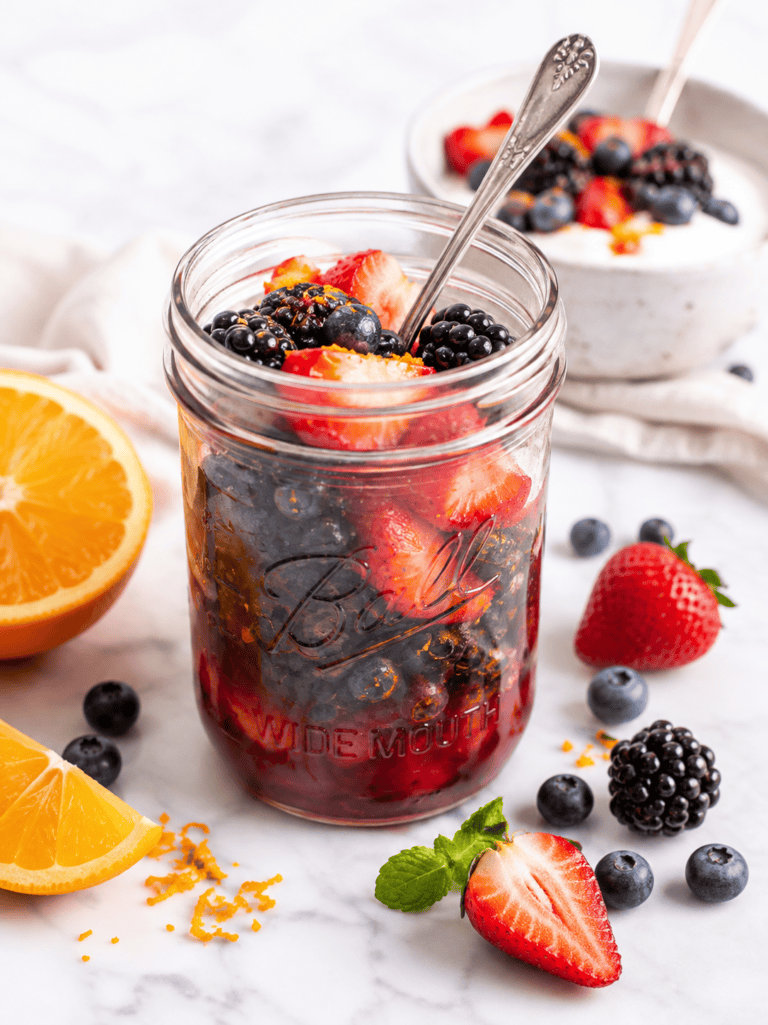 pint mason jar filled with macerated strawberries, blueberries, and blackberries with spoon in jar.
