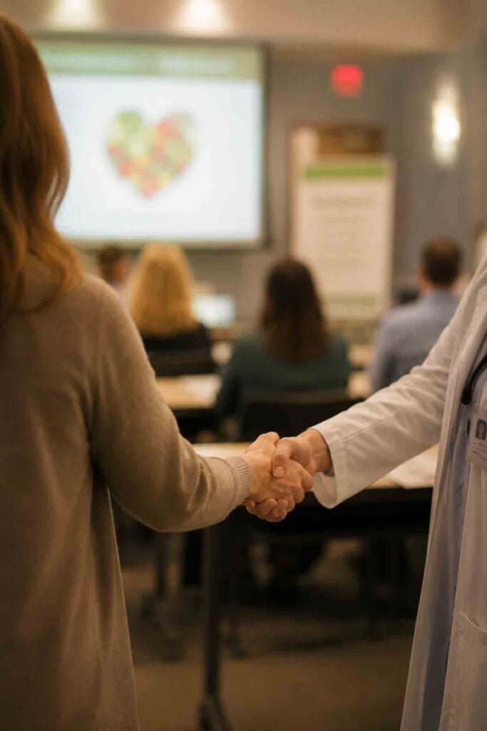 woman in a medical classroom shaking hands with a doctor.