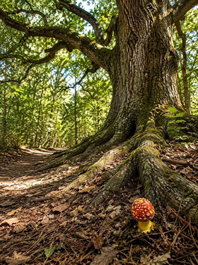 giant oak tree with a small colorful mushroom growing under it in the woods.