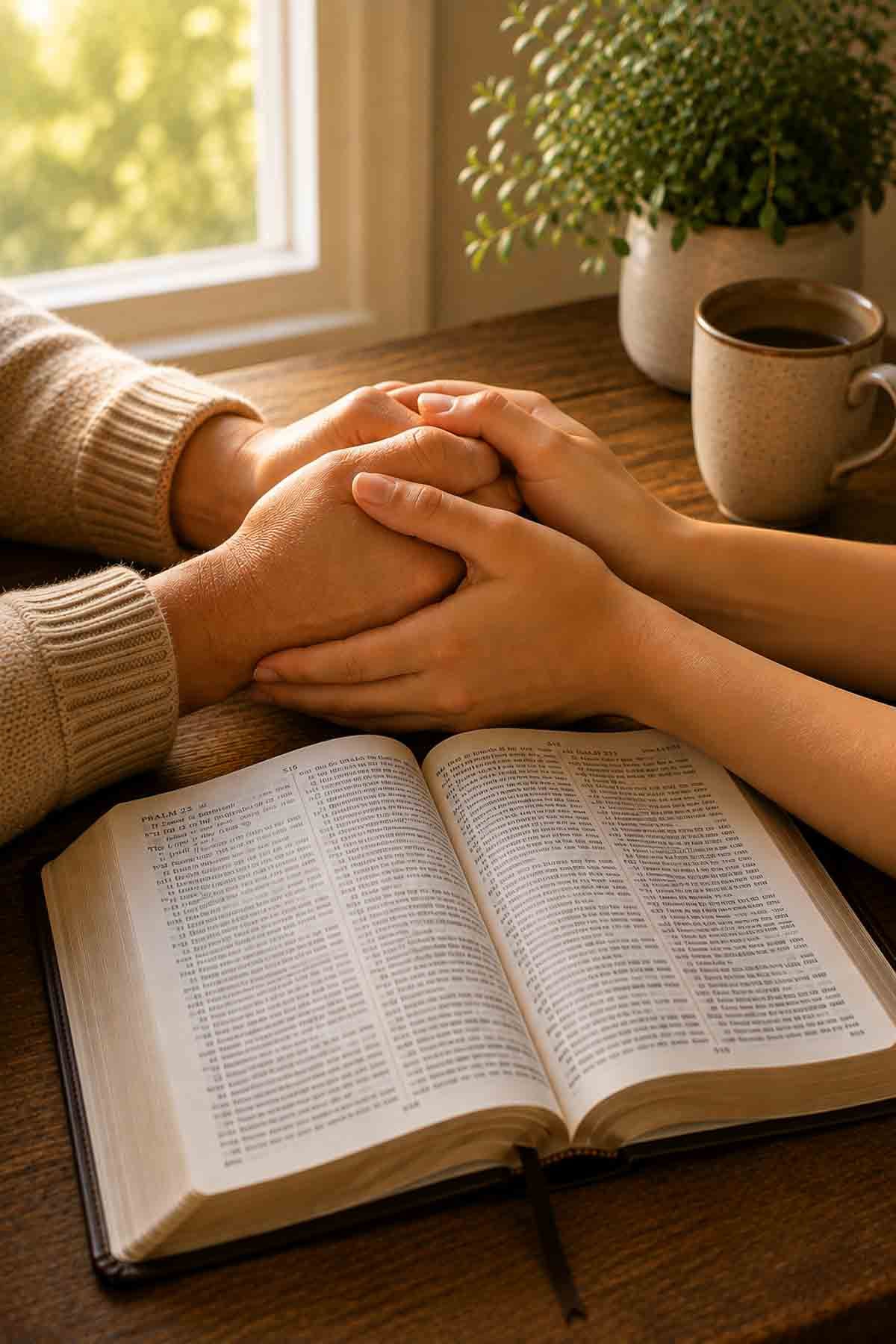 two sets of hands clasp in prayer beside a bible.