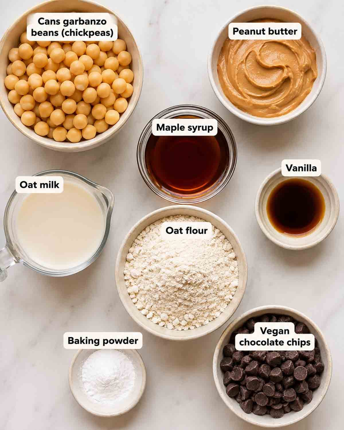 ingredients for chickpea blondies labeled.
