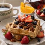 plate with two pecan waffles topped with strawberries and maple syrup being poured over the top.