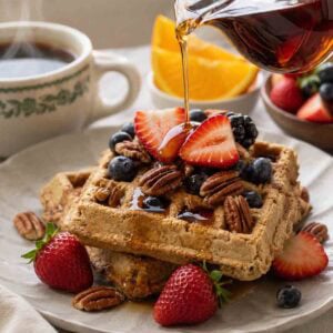 plate with two pecan waffles topped with strawberries and maple syrup being poured over the top.