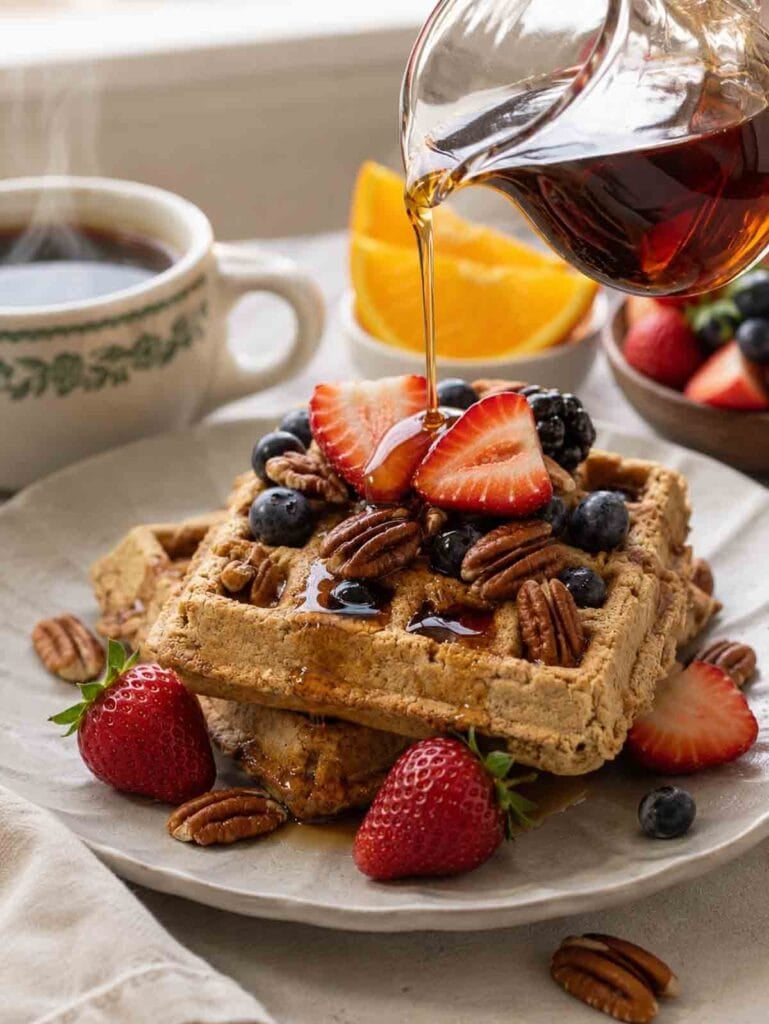 plate with two pecan waffles topped with strawberries and maple syrup being poured over the top.