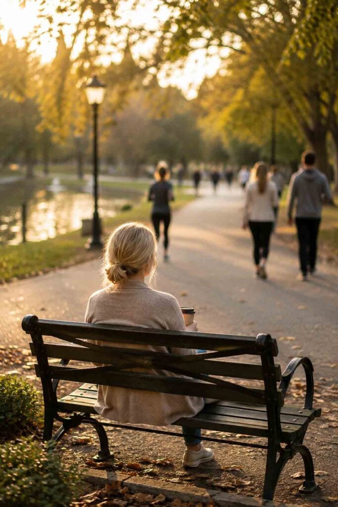 woman with a cup of coffee sitting on a park bench watching people going by.