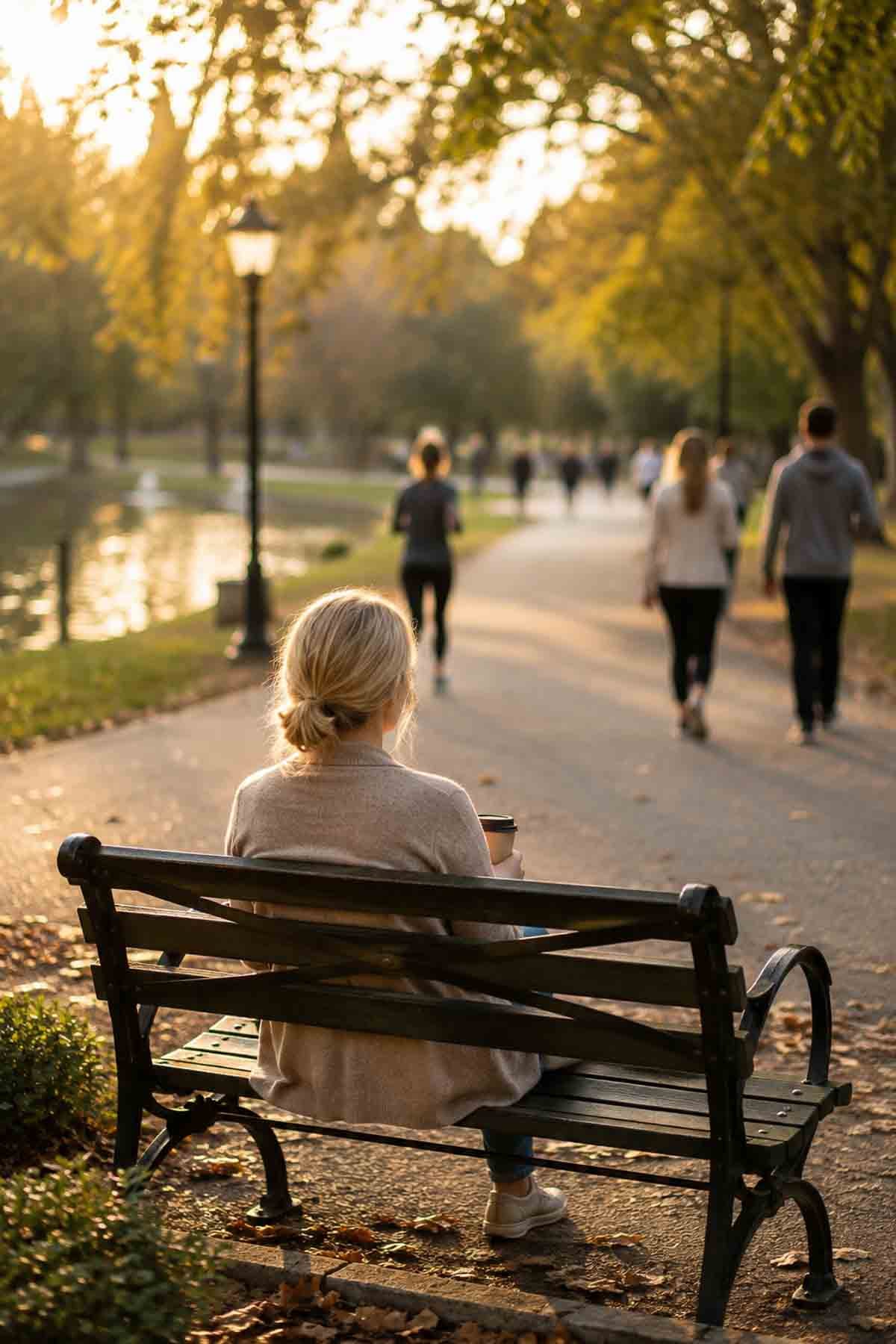 woman with a cup of coffee sitting on a park bench watching people going by.