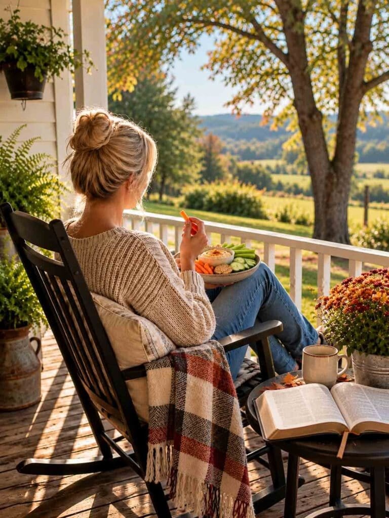woman sitting on porch eating hummus and vegetables and reading bible.