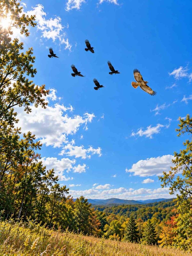 black crows chasing a hawk in the sky.