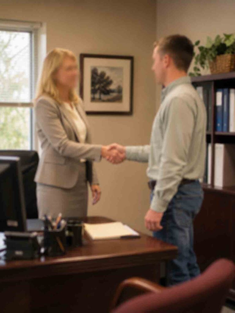 woman in human resources shaking hands with a man newly hired.