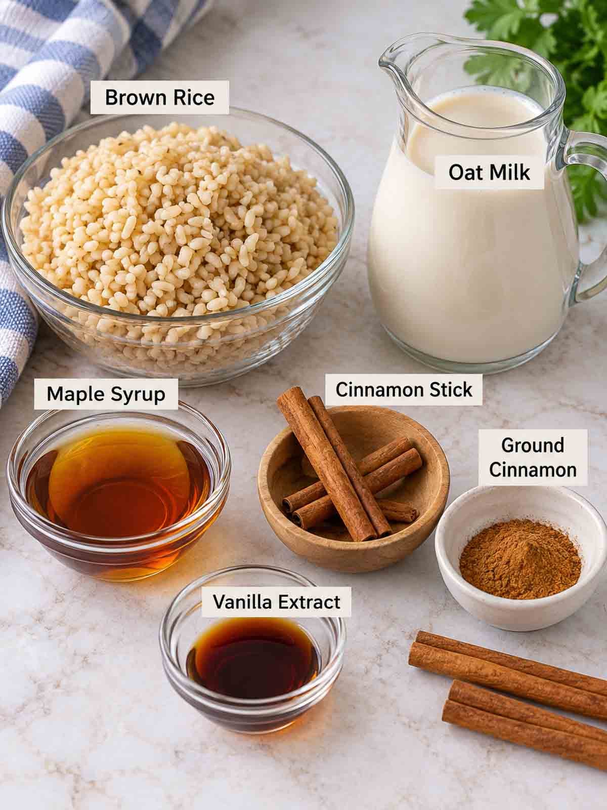 ingredients for arroz con leche labeled.