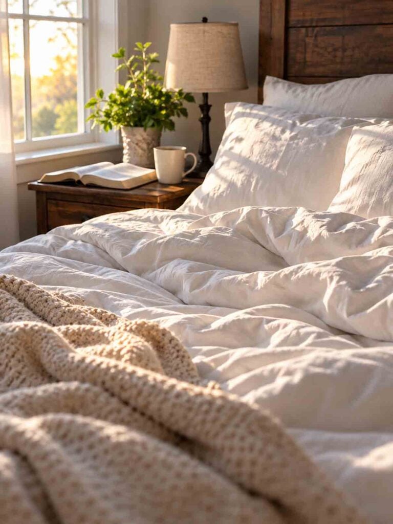 early morning unmade bed with light streaming in the window.